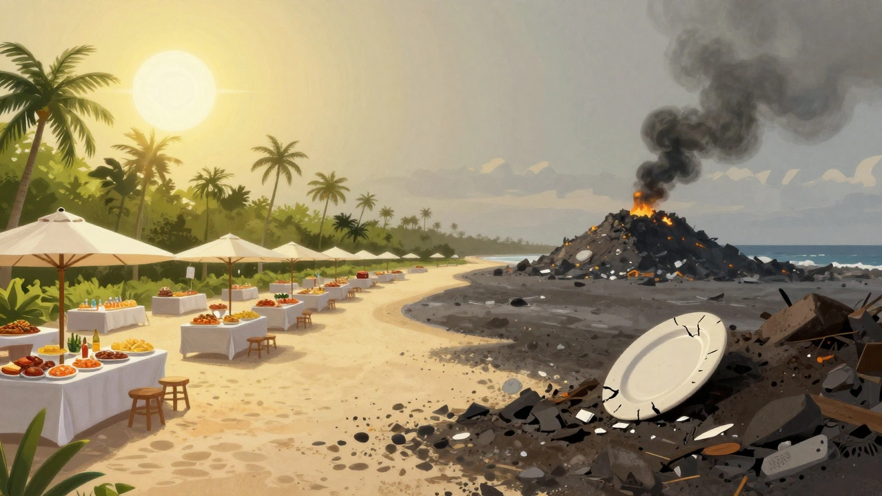 A surreal split scene: a lavish resort buffet contrasts with a distant landfill pile under twilight.