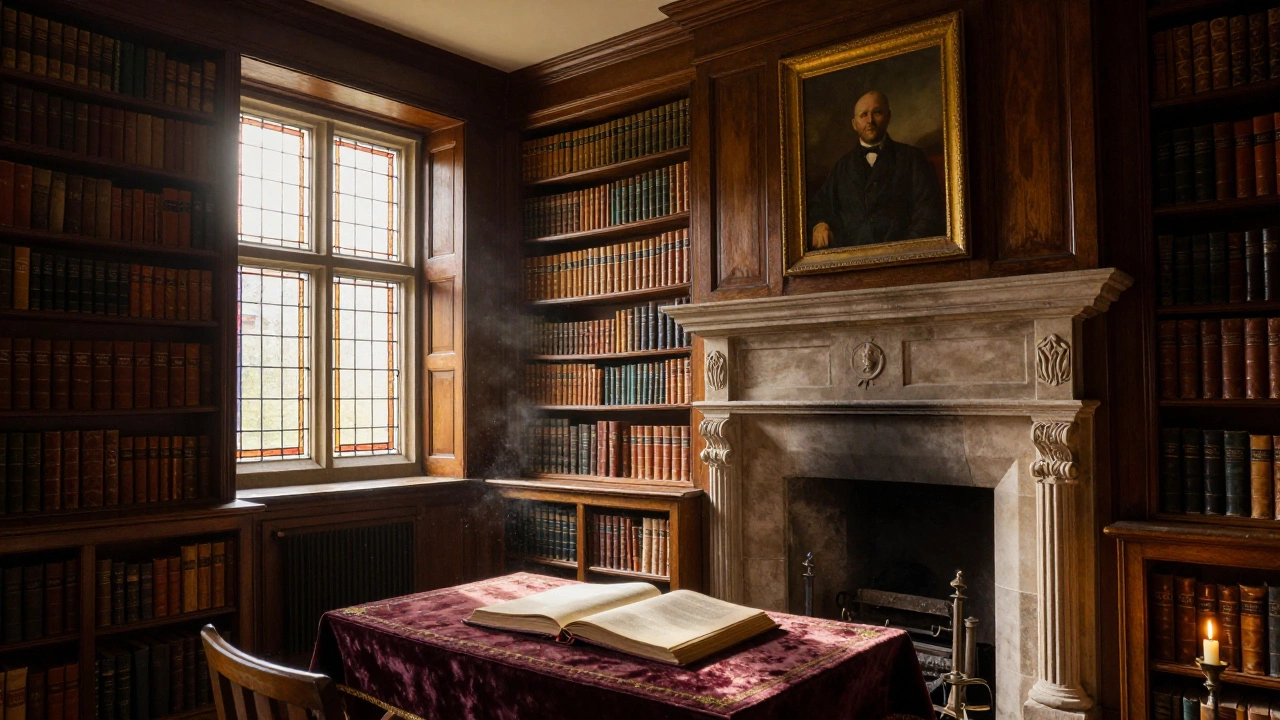 An elegant country house library with oak paneling, leather books, and a stone fireplace under stained-glass windows.
