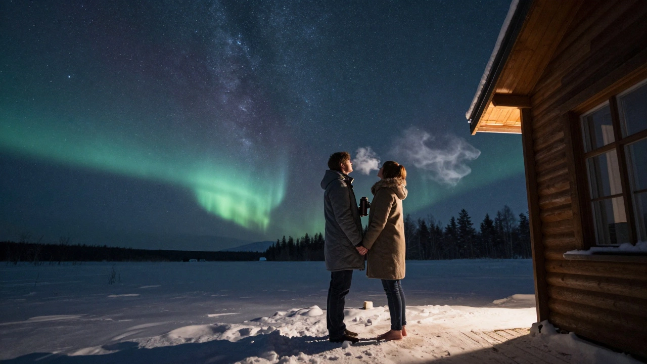 Couple gazing at stars and northern lights on a snowy cabin deck at night.