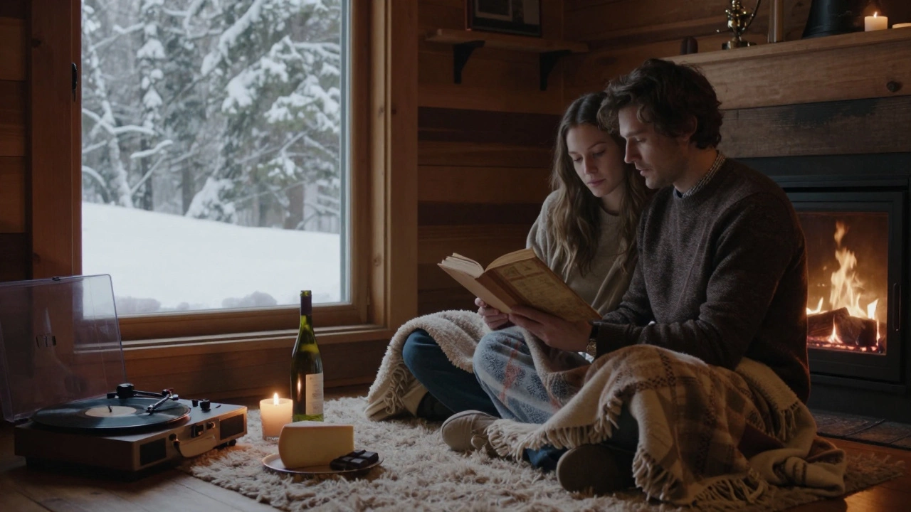 Couple reading by a fireplace with candles, wine, and cheese nearby.