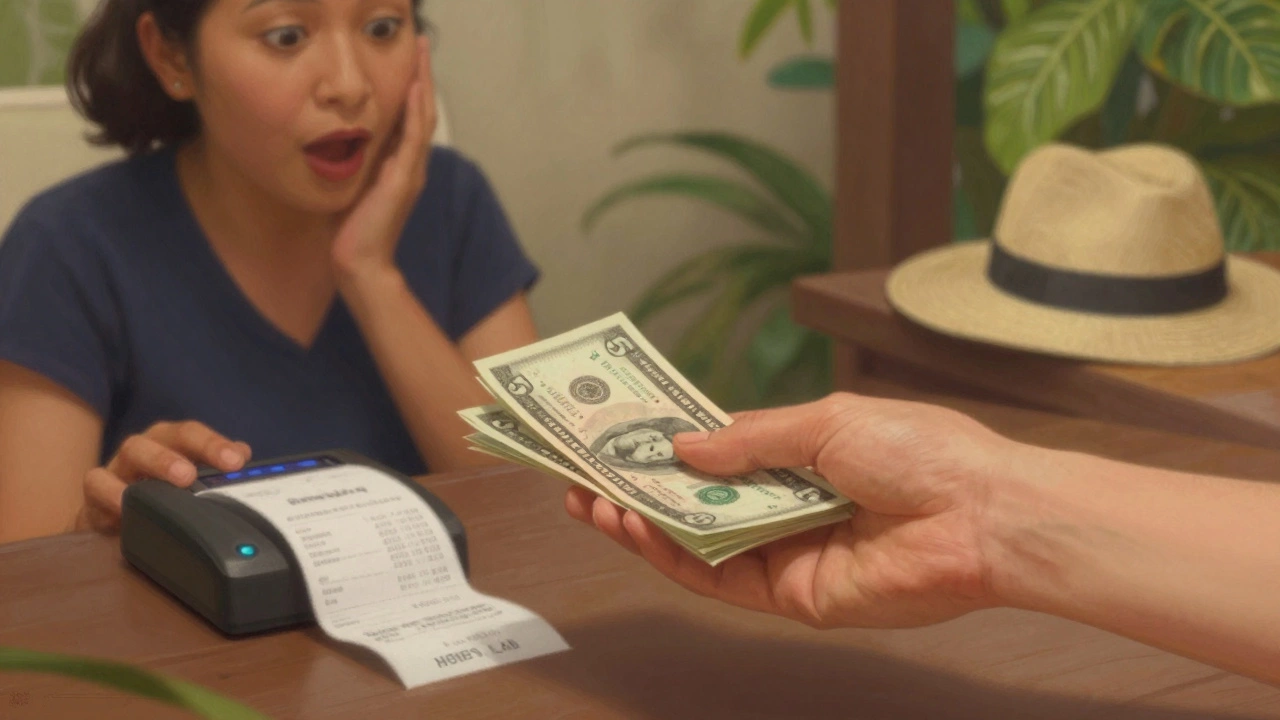 Hand giving cash tips to a housekeeper, with a crumpled service charge receipt on the floor nearby.