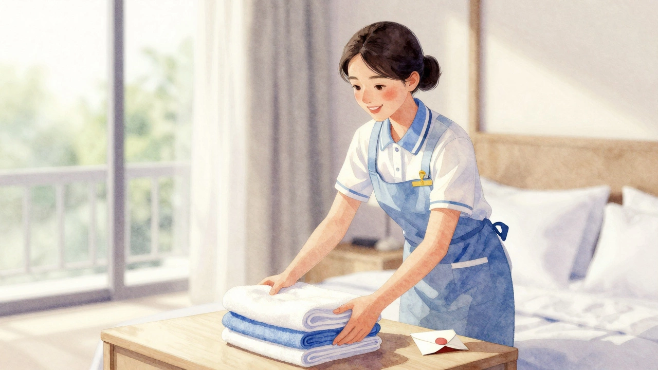 Housekeeper tidying room with cash envelope on bedside table.