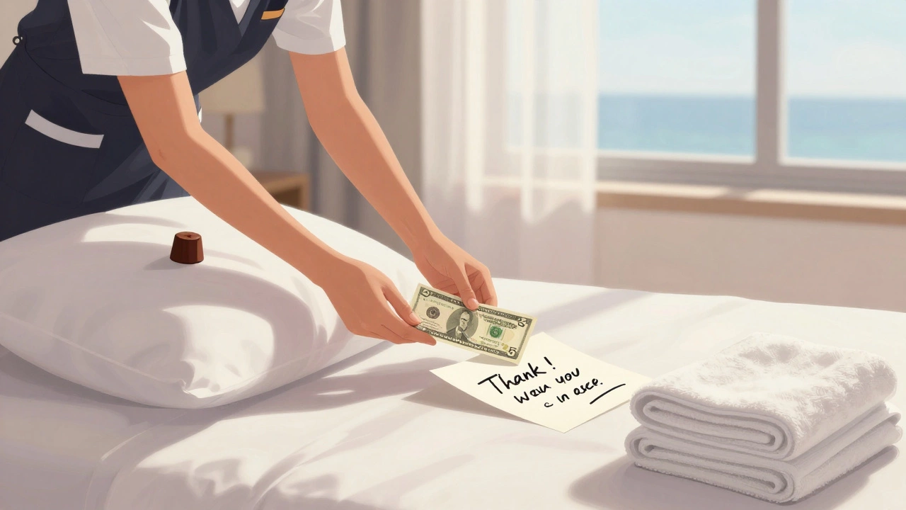 Housekeeping note and tip left on a neatly made bed with a chocolate on pillow