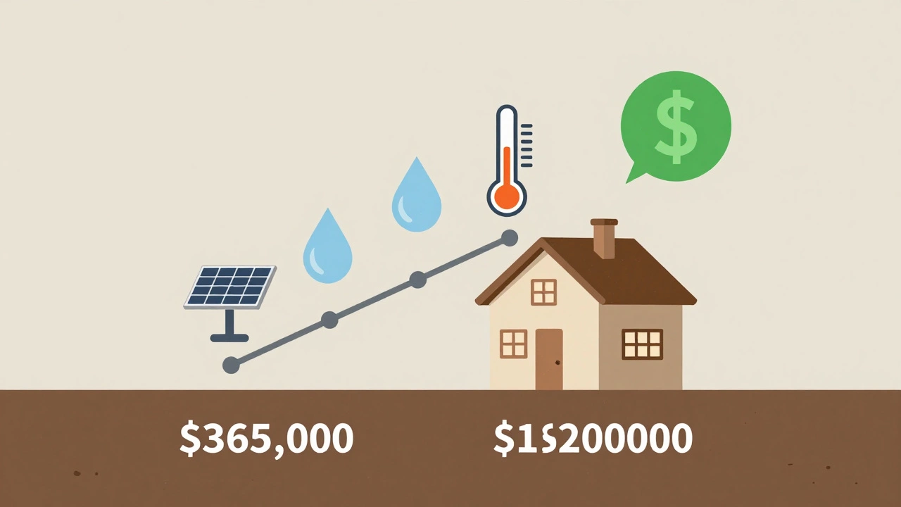 Minimalist visual of eco-home costs and long-term savings with icons for solar, water, and insulation.