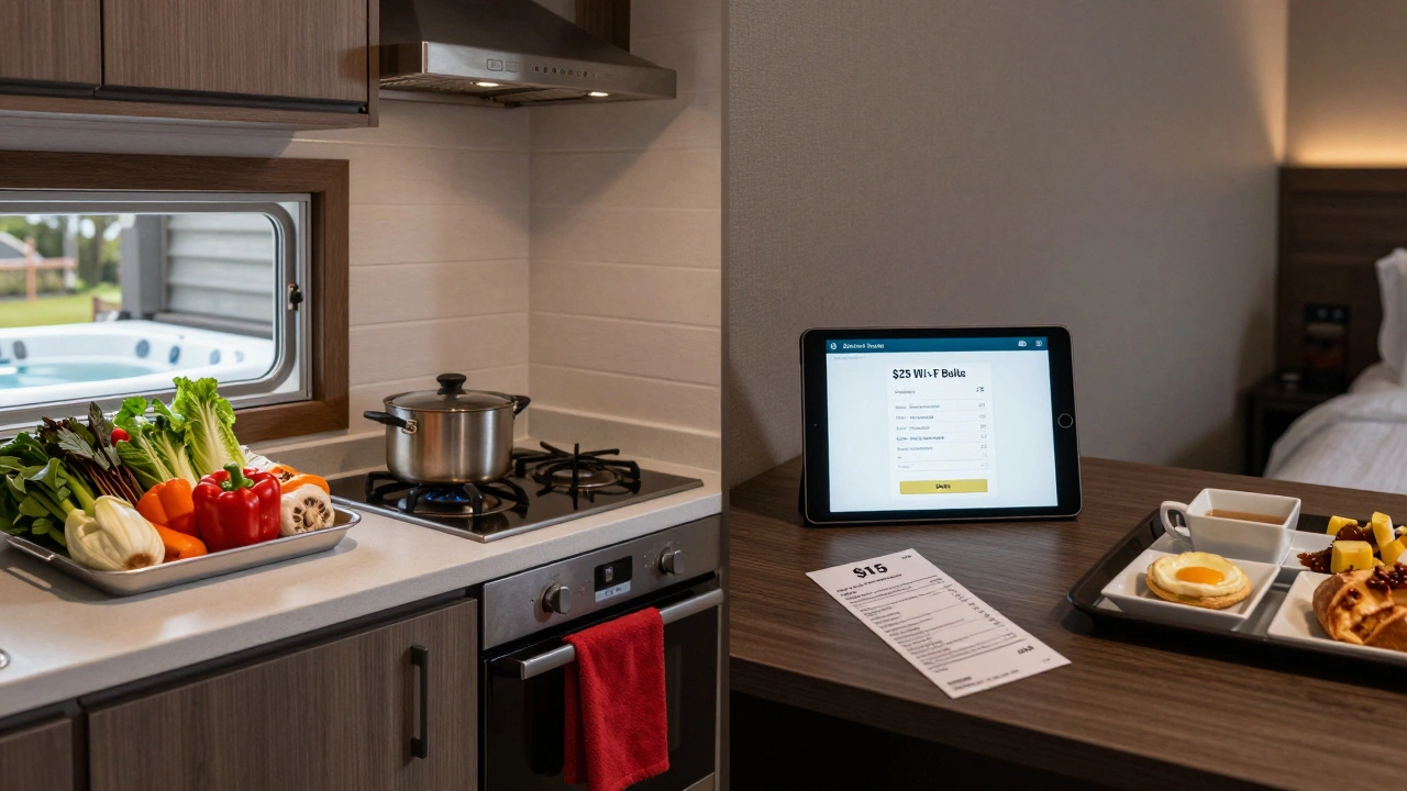 Side-by-side comparison of a cabin kitchen with groceries and a hotel room with extra fees.