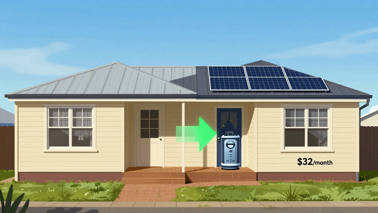 Side-by-side comparison of high-energy and low-energy homes with utility meters showing cost difference.