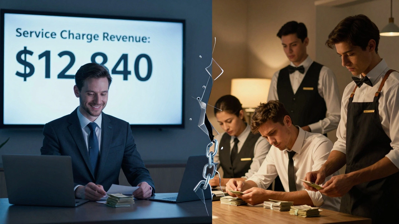 Split image: corporate revenue screen on left, staff counting cash tips on right, symbolizing unequal tip distribution.