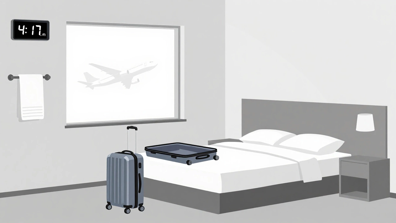 A business traveler sleeps in a simple airport hotel room, suitcase open, plane visible outside the window.