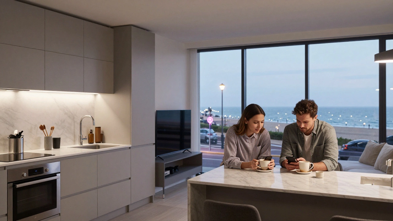 A couple sipping coffee in a modern seaside apartment with sleek appliances and city lights beyond the window.