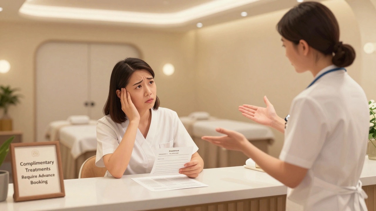 A guest at a spa reception desk, looking confused as a therapist points to a fully booked schedule.
