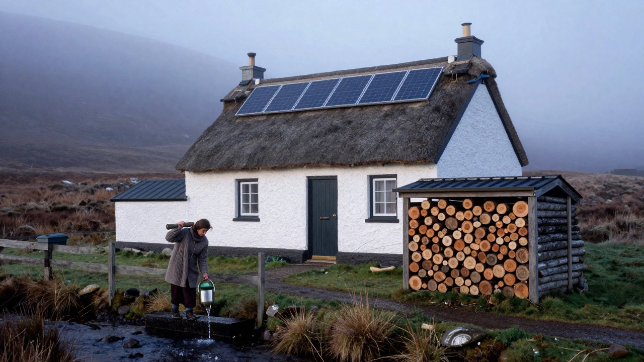 A rural cottage in the Scottish Highlands at dawn, woman carrying water, solar panels hidden on roof, misty moorland around.