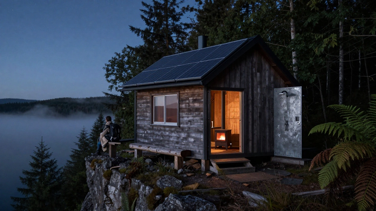 A solo traveler sitting quietly in a remote forest cabin at twilight, surrounded by nature and starlight.