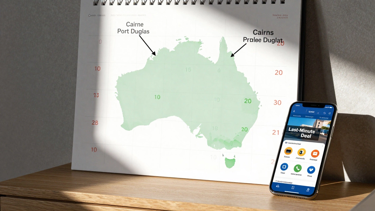 Calendar showing off-season dates with price drops over Australia map, smartphone displaying last-minute hotel deal.