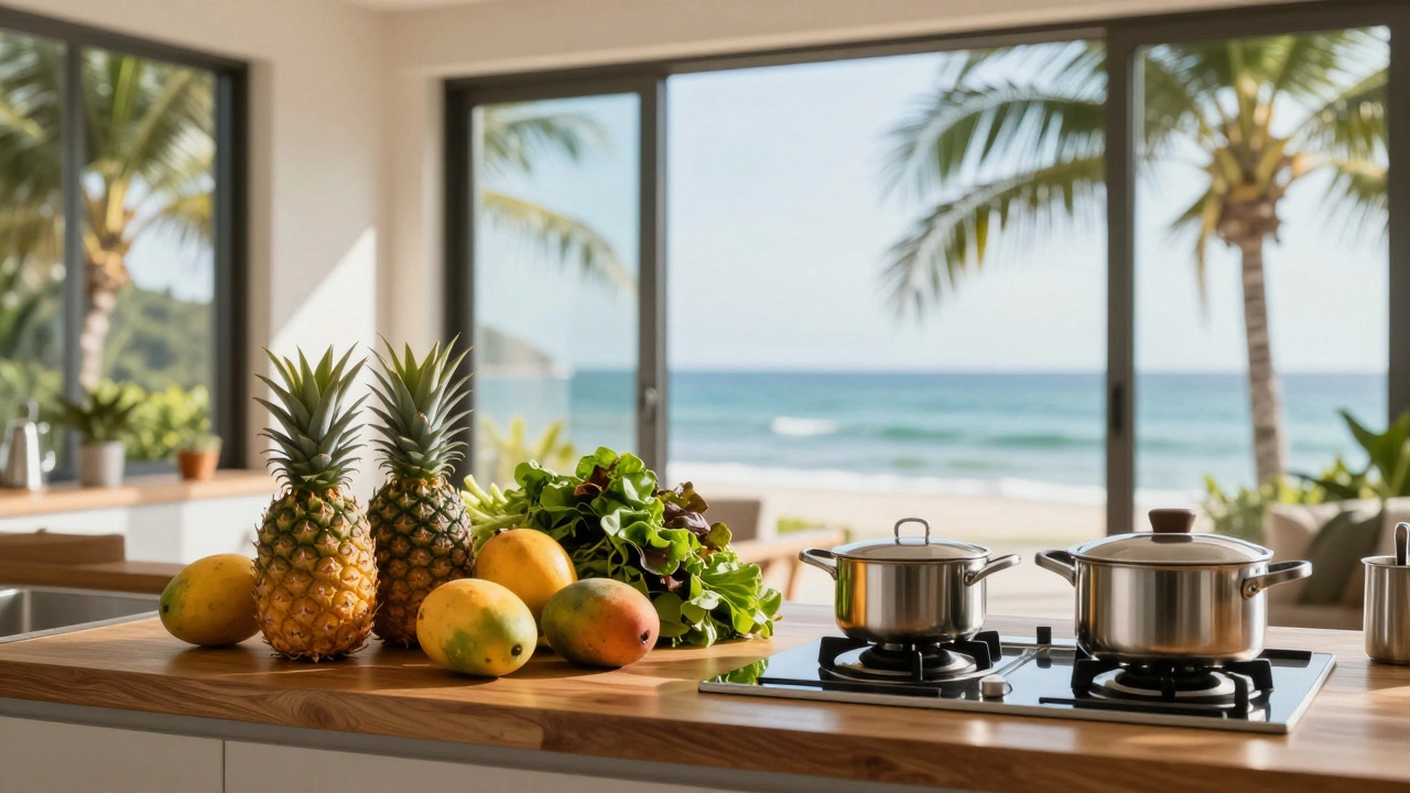 Condo kitchenette with fresh fruit and cookware overlooking the ocean.