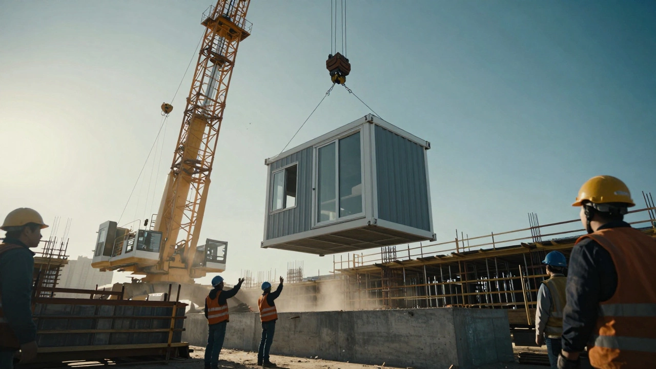 Crane lifting modular house section onto foundation.