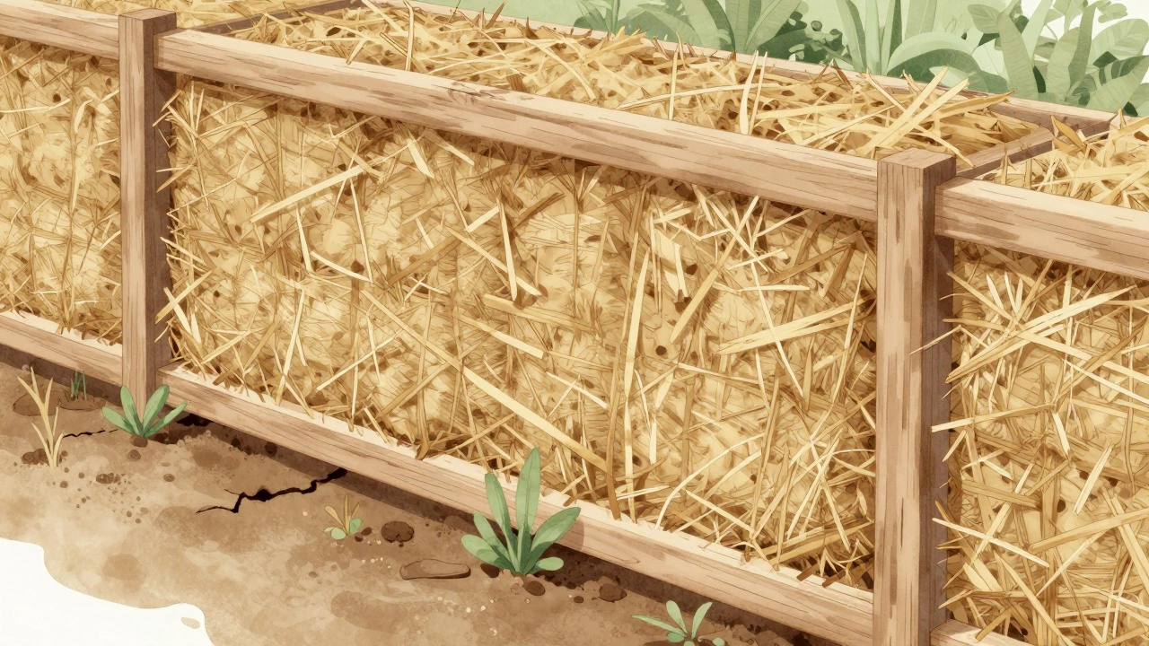 Cross-section illustration of straw bale and timber walls.