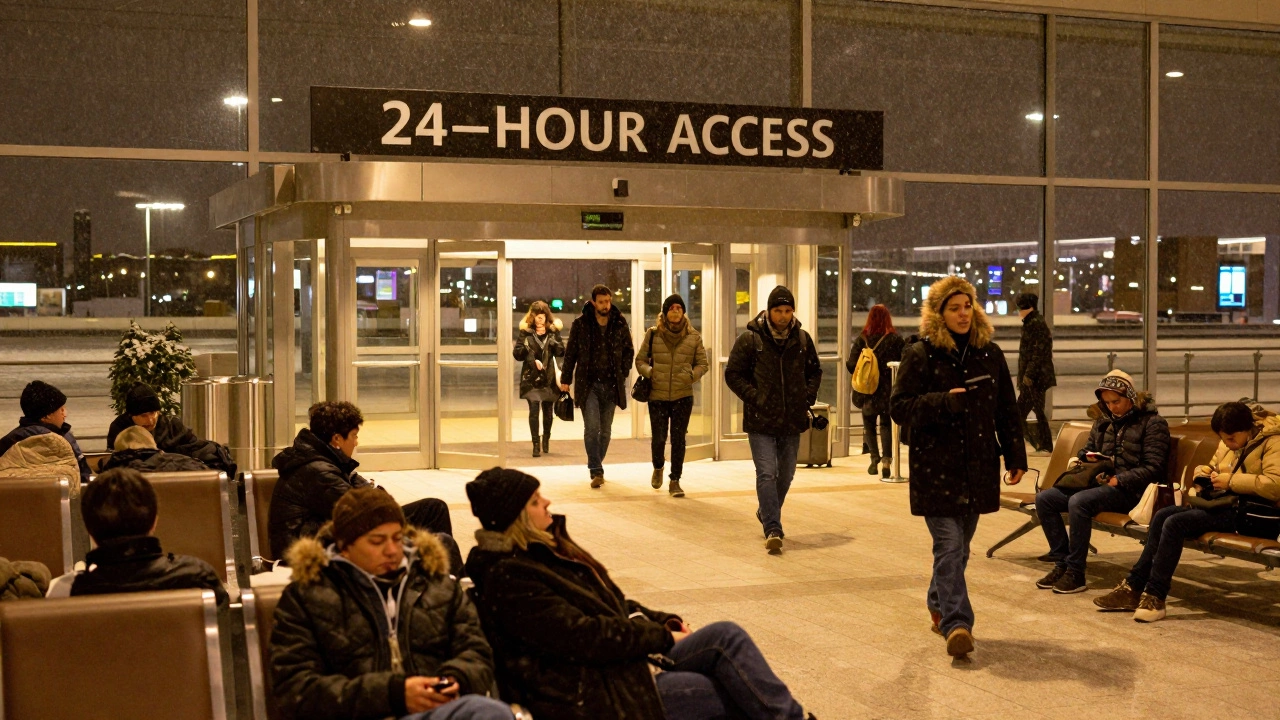 Exhausted passengers on terminal benches contrast with others entering a warmly lit airport hotel at 2 a.m.
