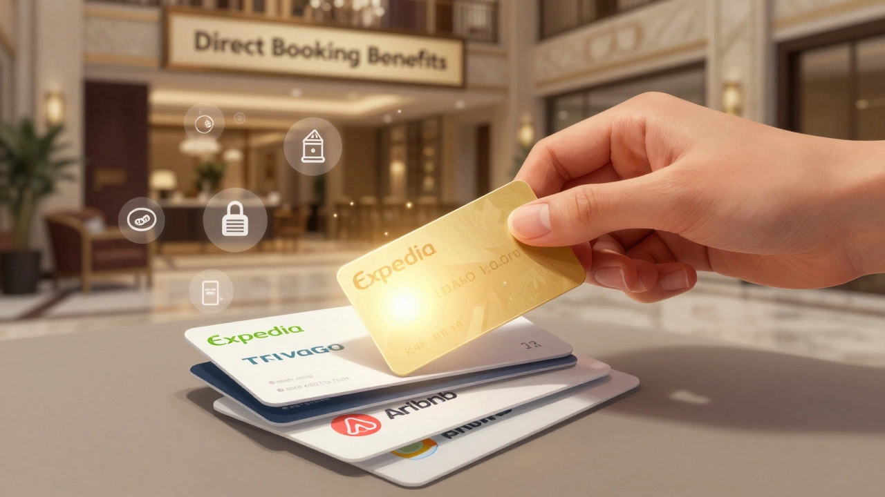 Golden keycard emerging from fading booking platforms toward a hotel lobby with perks like upgrades and loyalty points.