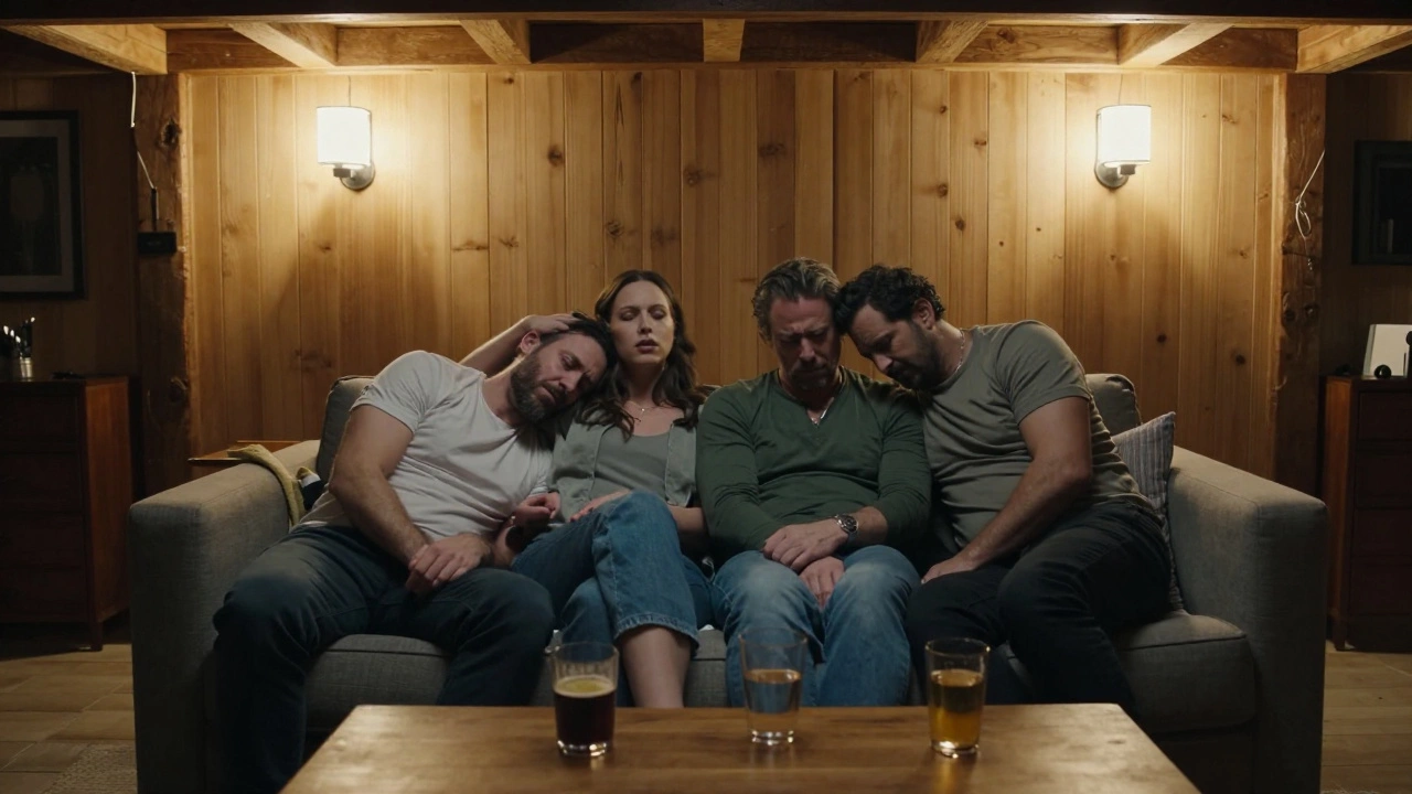 Group of people crowded on a sofa inside a small cabin.