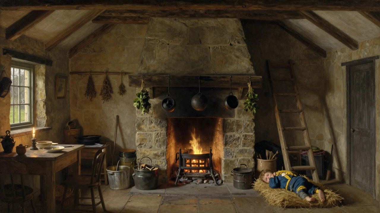 Interior of a historic cottage with central fireplace, family preparing food by firelight, cob walls and low attic.