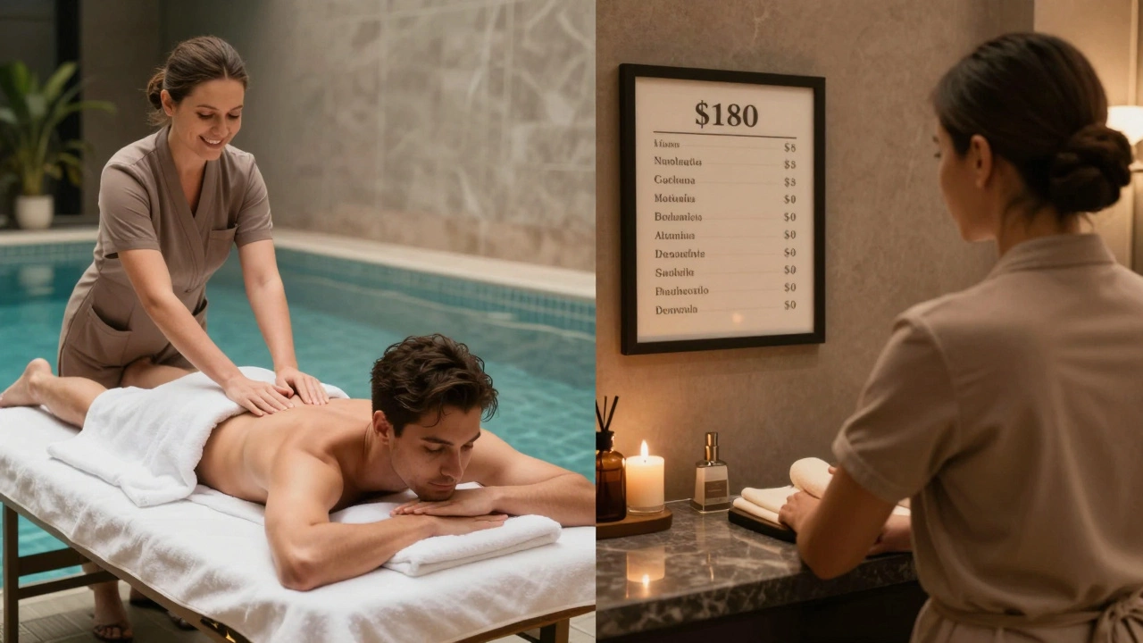 Split scene: one side shows a free poolside chair massage, the other displays expensive spa treatment price lists.