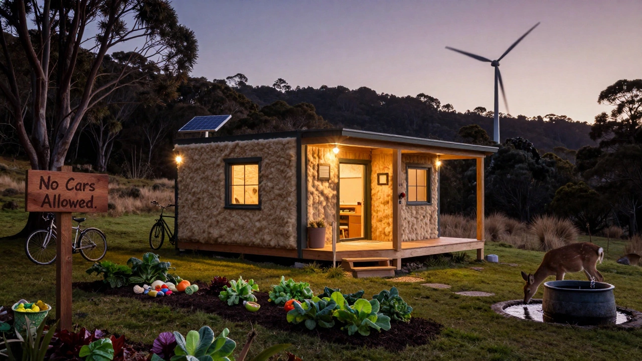 Tasmanian off-grid cottage with sheep’s wool insulation, solar lights, and guests tending gardens, surrounded by forest and no cars allowed.