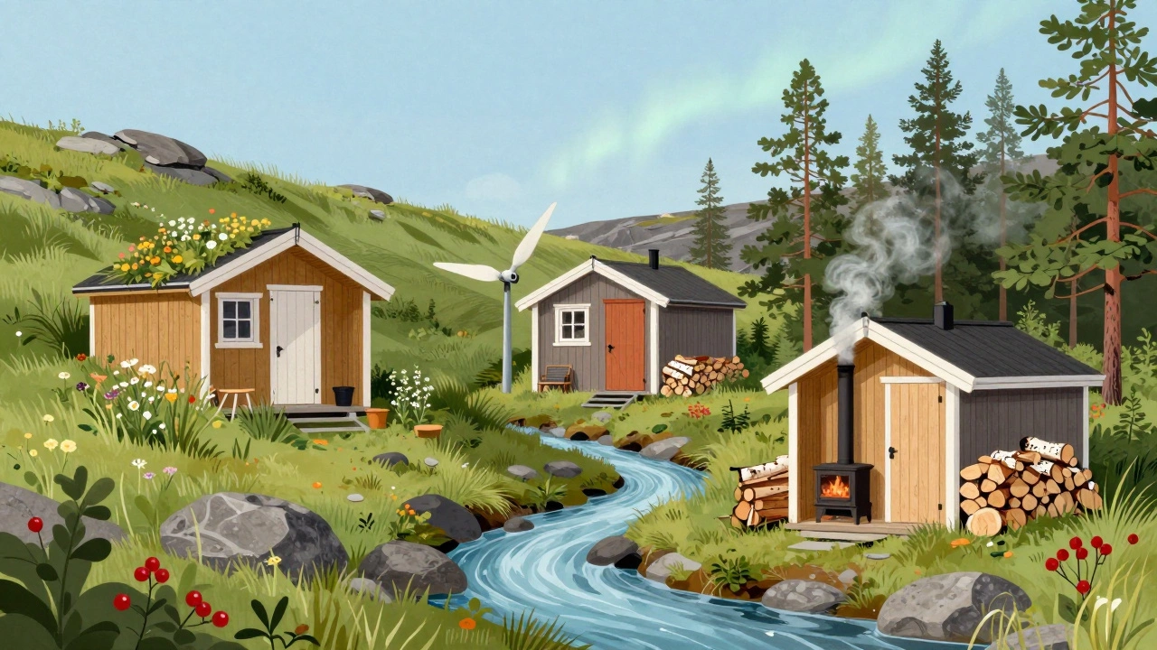 Three earth-integrated Swedish eco-cottages with hydro turbine, wildflower roofs, and wood-burning stoves under a twilight sky.