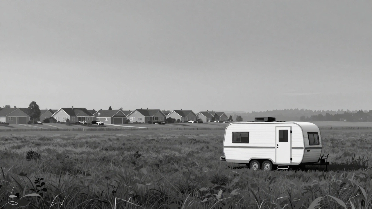 Tiny house on wheels parked alone in a field near suburbs.