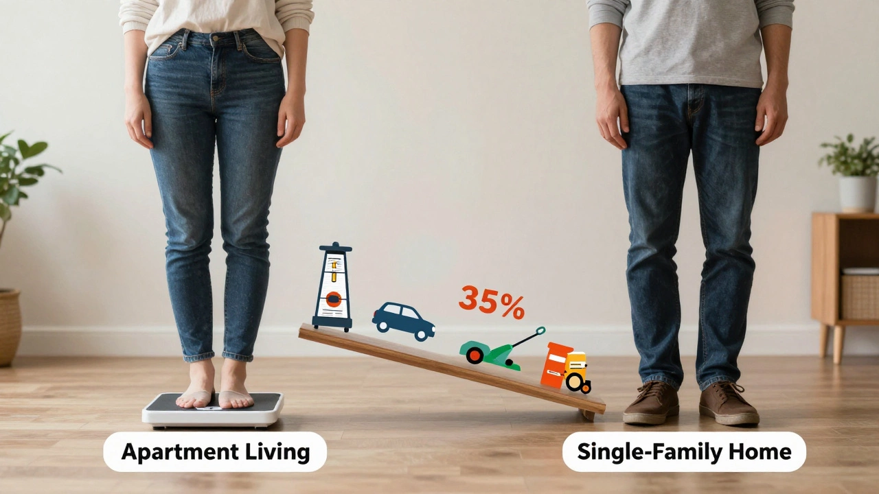 Two people on scales comparing carbon footprints of apartment versus house living, with environmental icons.