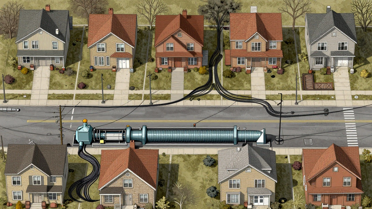 Underground utility systems serving an apartment block versus individual septic tanks and lines for detached homes.
