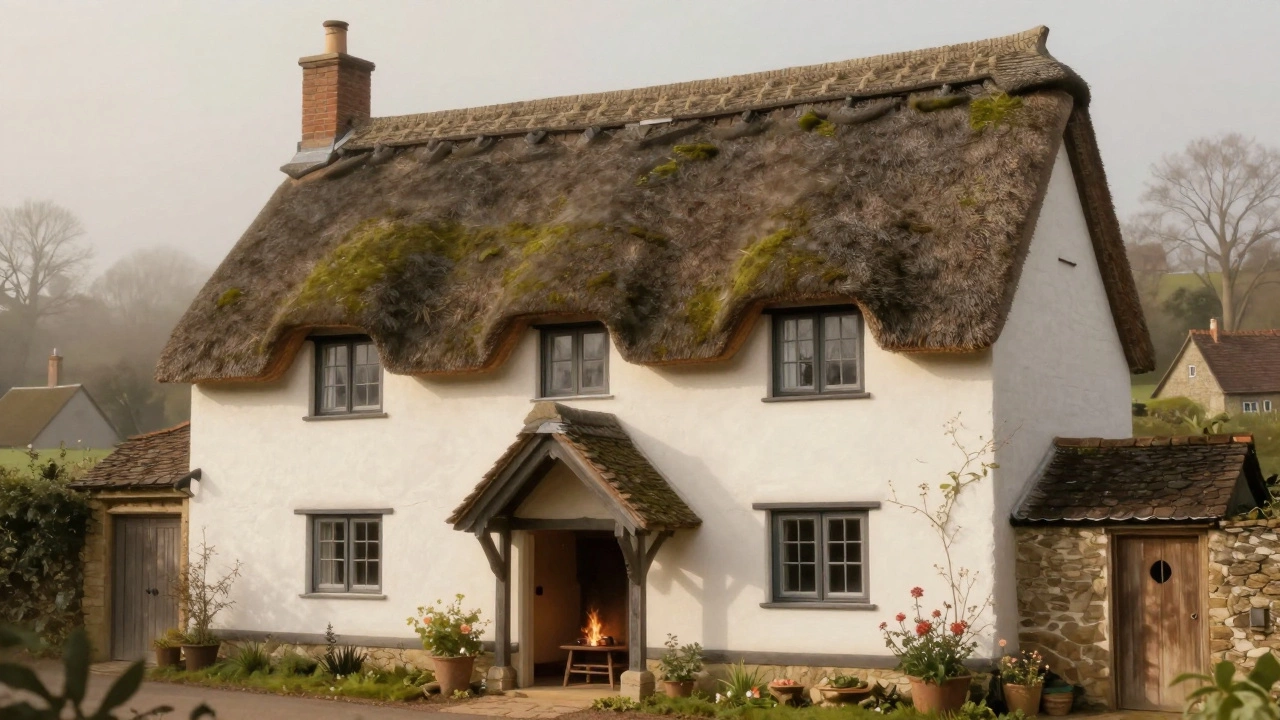 A classic 1.5-story thatched cottage with dormer windows and a rustic appearance.