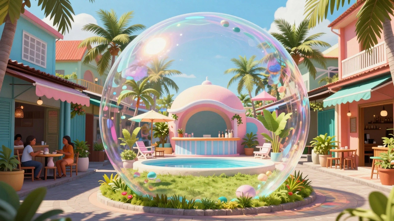 A conceptual image of a luxury resort trapped inside a bubble, separated from a vibrant local village