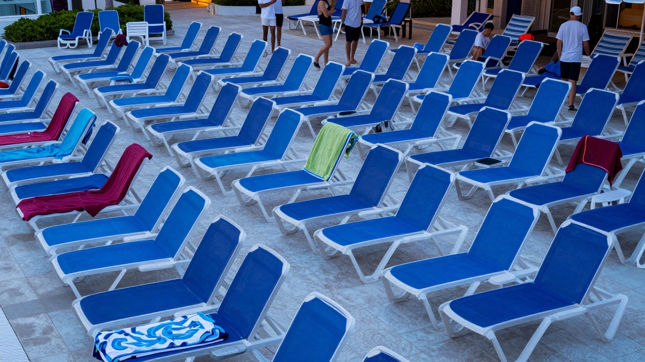 A crowded resort pool area with many lounge chairs reserved by towels at dawn