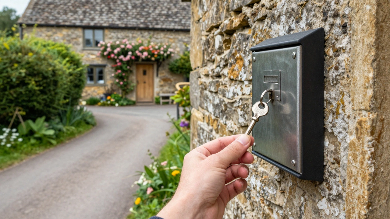 A hand opening a key-safe box on a stone wall outside a rural English cottage.