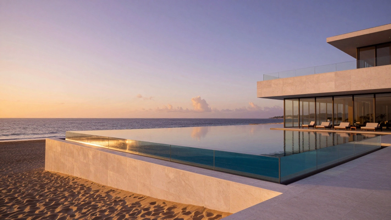 A luxury beachfront resort with an infinity pool merging into the ocean during a golden sunset.