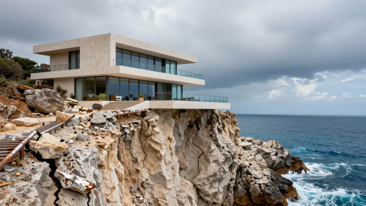 A modern luxury villa on a coastal cliff with visible signs of rock erosion and weathering.