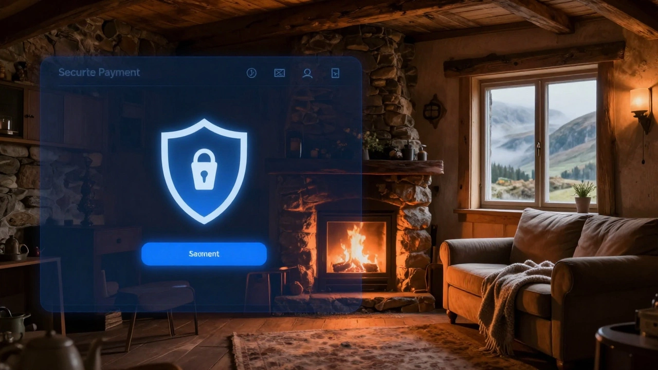 A split screen showing a secure digital payment screen and a cozy cabin interior with a fireplace.