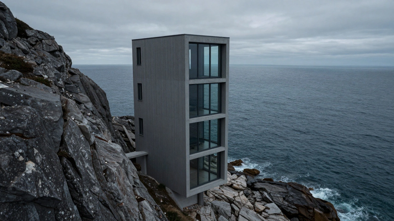 A tall three-story modern cottage on a rocky cliff overlooking the ocean
