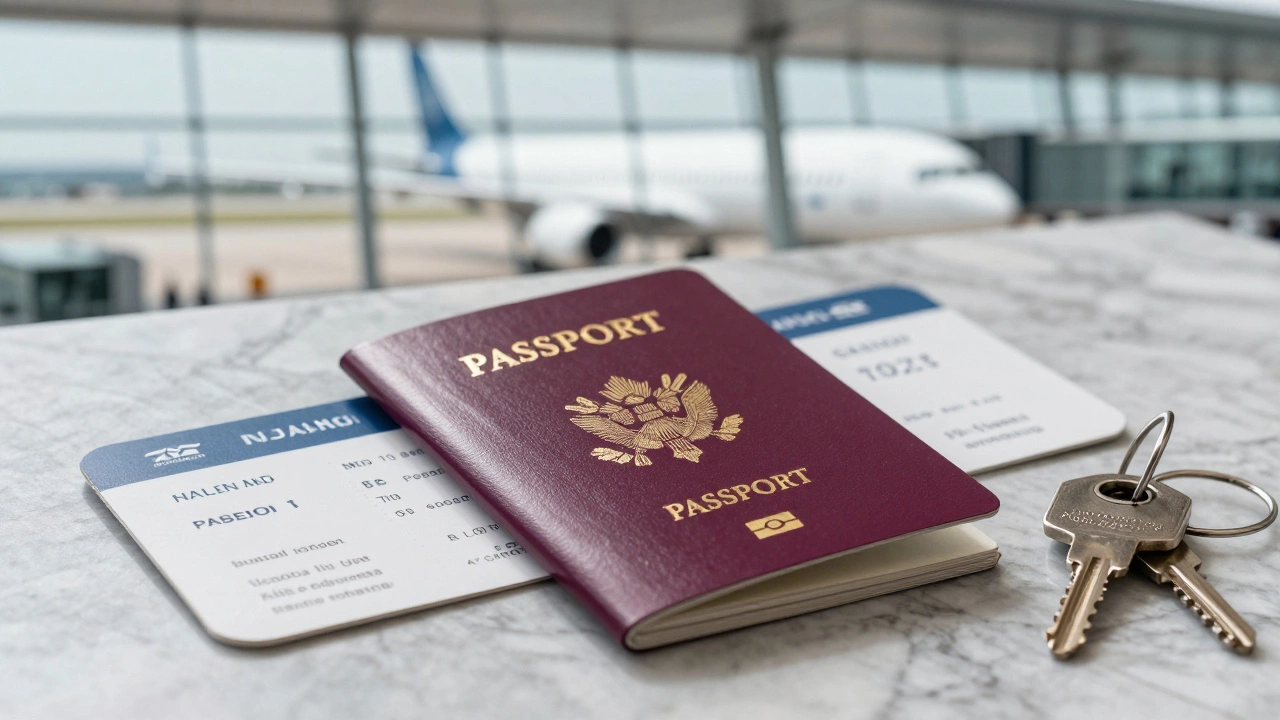 Close-up of a passport and boarding pass with an airplane visible through a window