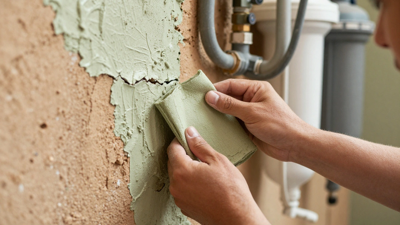 Close-up of a person repairing a cracked rammed-earth wall with lime plaster