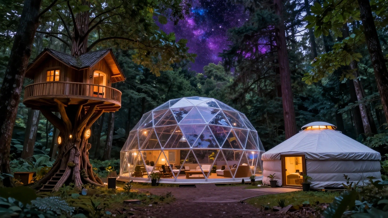 Collection of glamping structures including a geodesic dome and a luxury treehouse in a forest