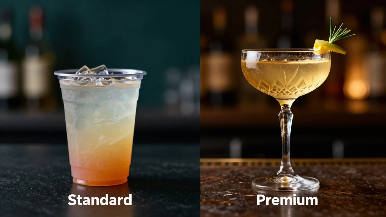 Comparison of a basic drink in a plastic cup and a premium cocktail in a crystal glass.
