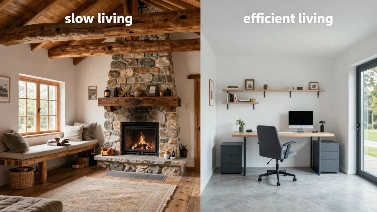 Comparison of a cozy rustic cottage interior and a modern efficient small house interior