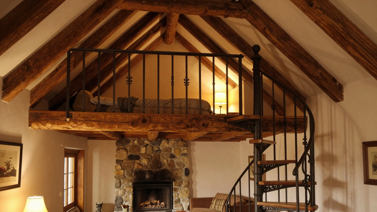 Interior of a cottage showing a cozy loft bedroom with a spiral staircase