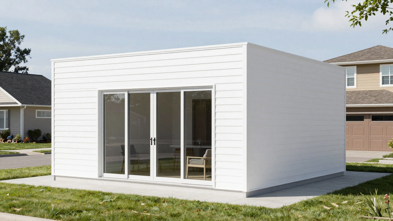 Modern minimalist small house with large glass doors and clean architecture