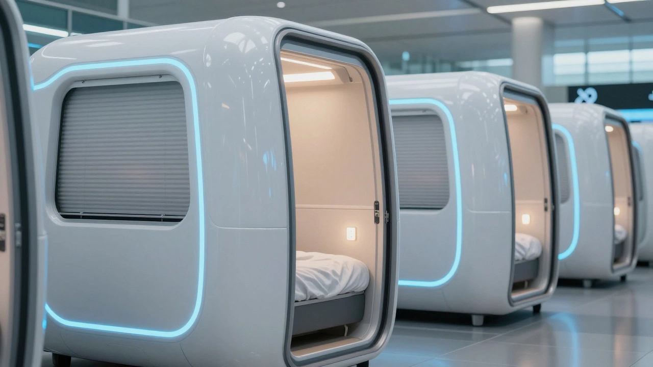 Row of futuristic white sleeping capsules with blue neon lights