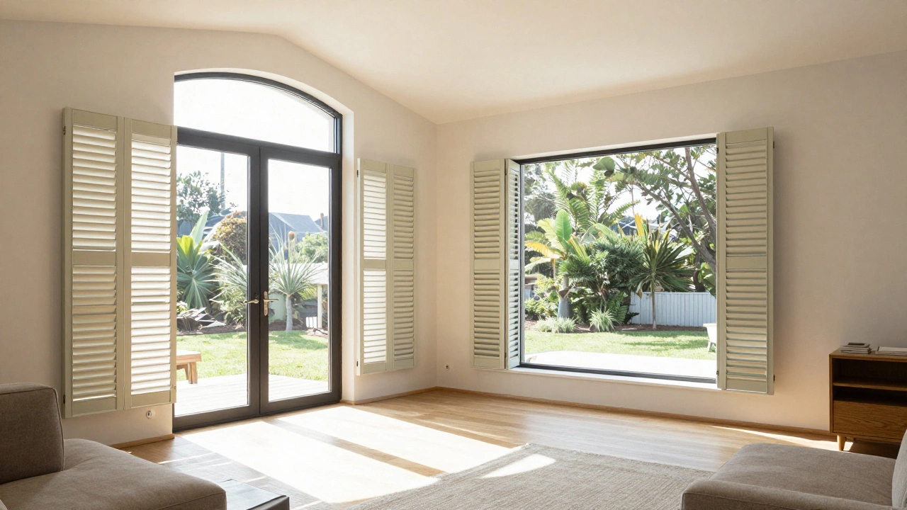 Sun-drenched eco-friendly living room with large south-facing windows and thermal shutters