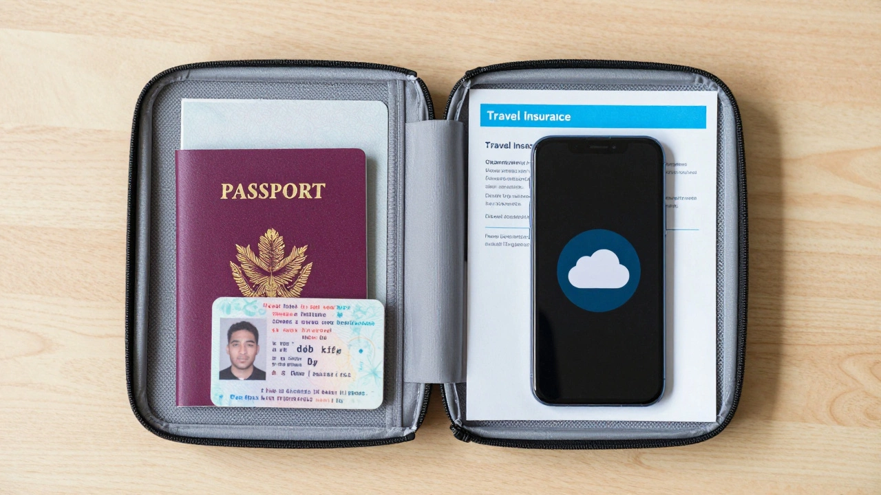 Travel organizer with a passport and documents arranged on a wooden table