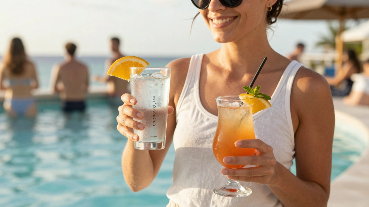 Traveler holding a glass of water and a tropical drink at a swim-up resort bar.