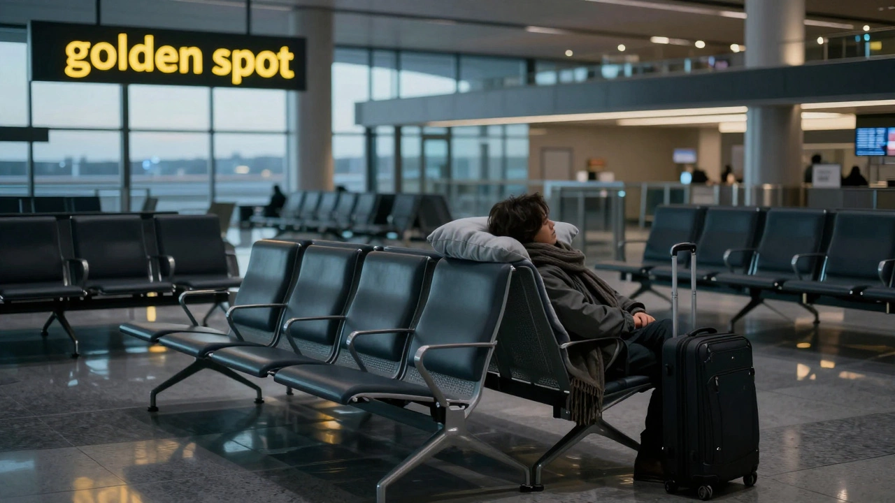 Traveler resting on reclining chairs in a quiet, dimly lit airport terminal